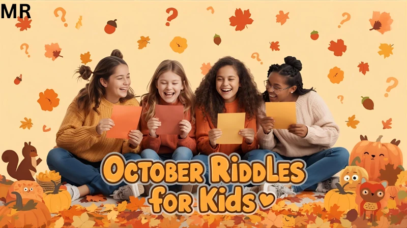 "Kids solving riddles outdoors on a pile of fall leaves with pumpkins and autumn colors — cozy and playful October theme."