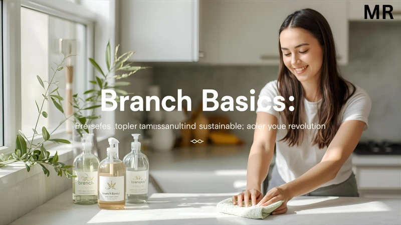 "Eco-friendly cleaning scene in a bright kitchen with reusable bottles and plants — symbolizing safe and sustainable cleaning with Branch Basics."