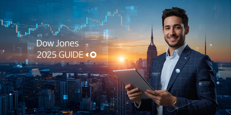 "Modern city skyline with stock market graphs and a professional analyzing data on a tablet — representing the Dow Jones 2025 financial guide."