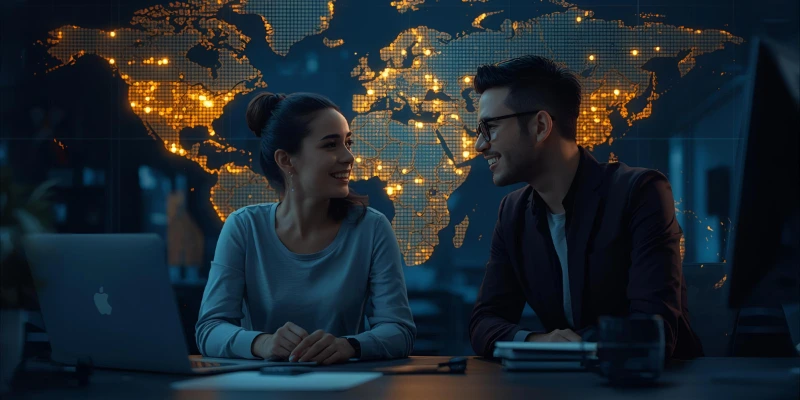 “A young couple studying global financial trends with world map and market graphs behind them, representing the basics of economics and money flow.”