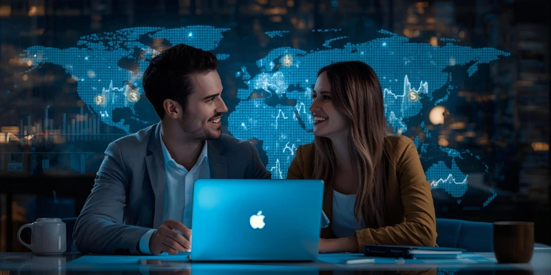 “A young couple studying global financial trends with world map and market graphs behind them, representing the basics of economics