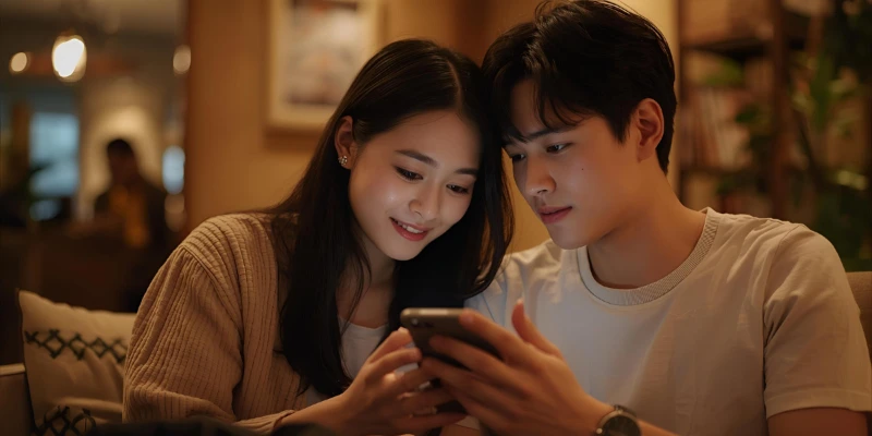 “A young adult girl smiling softly while texting ILYSM to someone she likes, showing affection and romantic intent.”