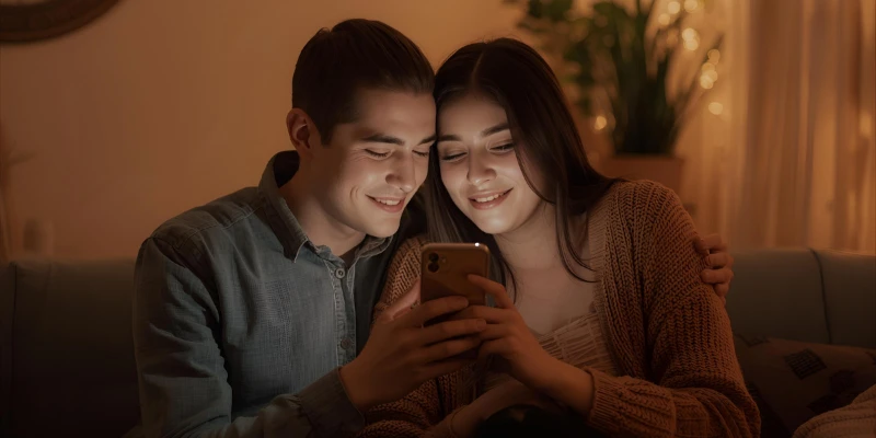 “A young adult couple smiling warmly as one sends ‘ILYSM’ in a text message, representing the affectionate meaning and origin of ILYSM.”