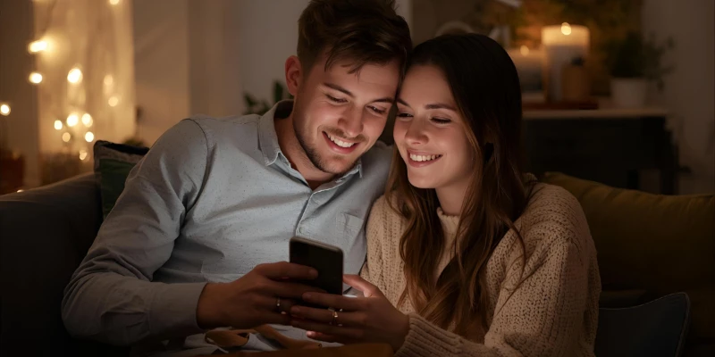 Young couple smiling while texting, representing affectionate use of ILYSM.