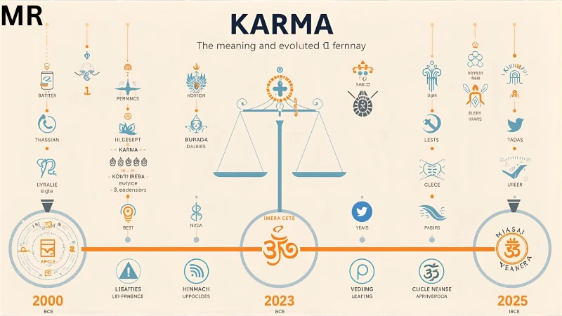 “Karma meaning and evolution from ancient Sanskrit to modern social-media culture, illustrated with balance symbols and emojis.”