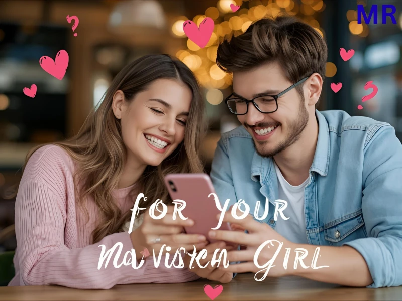 "Young couple at a cozy café laughing over phone riddles with floating hearts — sweet and flirty vibe for crush riddles."