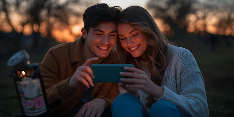 “Person reading a SYBAU text message and smiling.”