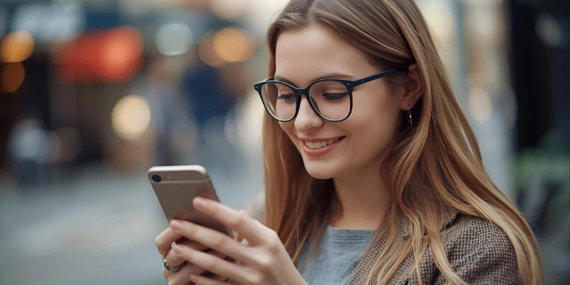 “A young adult couple sitting close together while texting, showing a girl sending a flirty SYBAU message.”