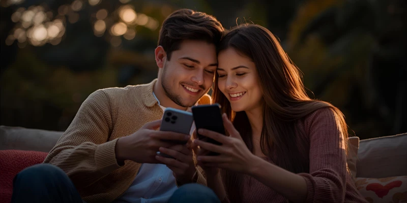 “A young adult couple sitting close together and smiling while texting, representing the romantic and playful use of the slang term SYBAU.”
