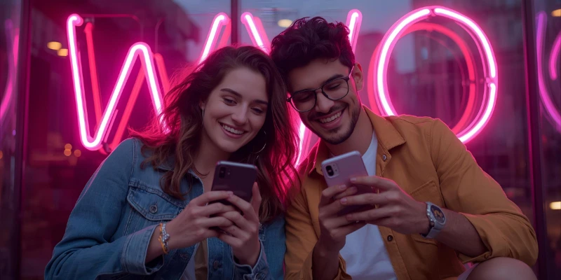 “A young couple texting and laughing under neon lights that spell WYO, representing the 2025 meaning of the slang term.”