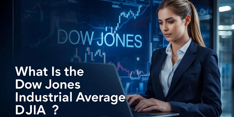 "Digital stock market screen showing rising Dow Jones charts with a professional analyzing financial data — modern and educational finance concept."