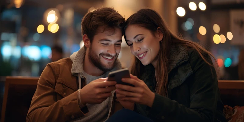 “A young adult couple sitting close together laughing and texting, showing how WYLL is used in flirty conversation.”
