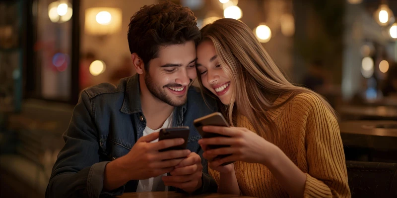 “A young adult couple playfully texting together, showing the romantic and flirty context of the slang term WYLL.”