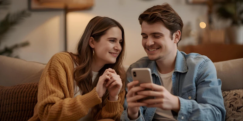 “A young adult couple smiling and complimenting each other while texting, representing the slang meaning of glazing on TikTok.”