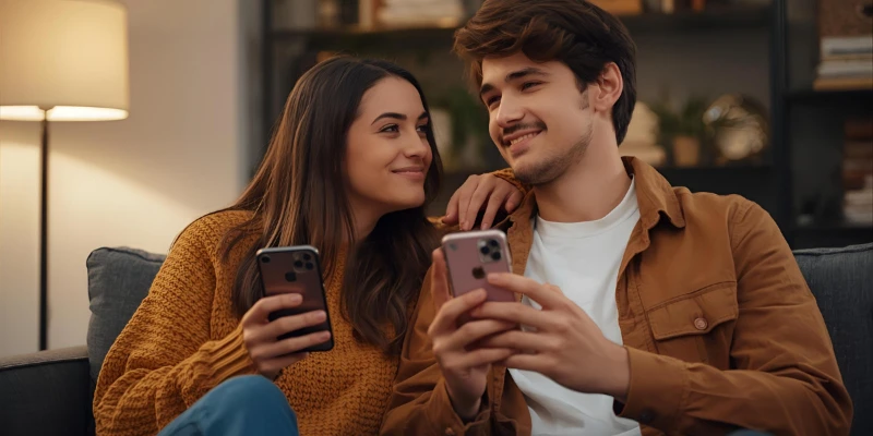 “A young adult couple smiling and complimenting each other while texting, representing the slang meaning of glazing on TikTok.”