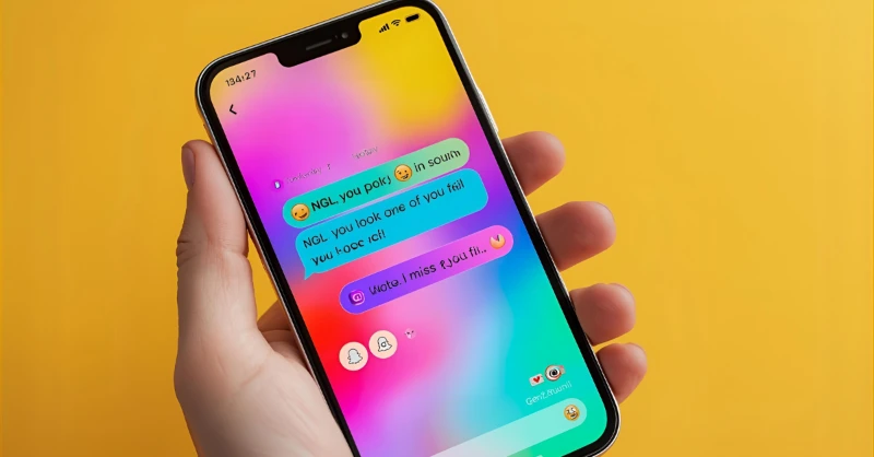 “Realistic smartphone showing Gen Z chat using NGL slang in 2025 with emojis and social media icons.”