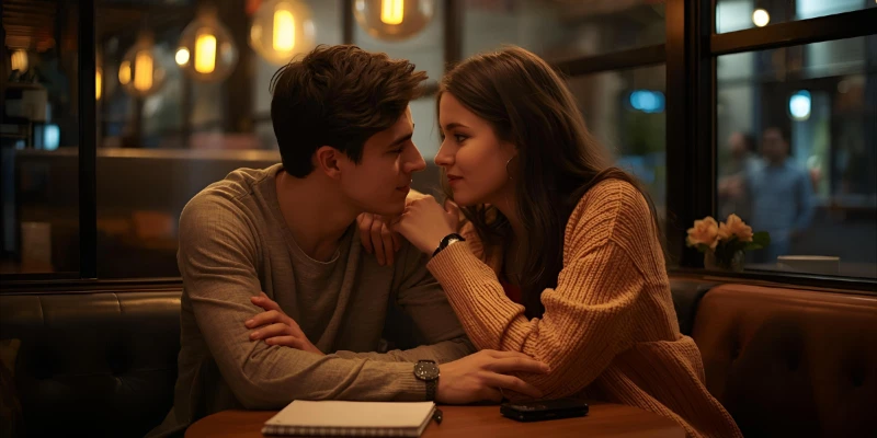 “A young adult couple sitting close and discussing meanings and emotions, representing the modern interpretation of ‘What does it mean?’ in 2025.”