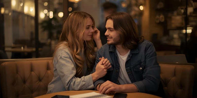 “A young adult couple sitting close and discussing meanings and emotions, representing the modern interpretation of ‘What does it mean