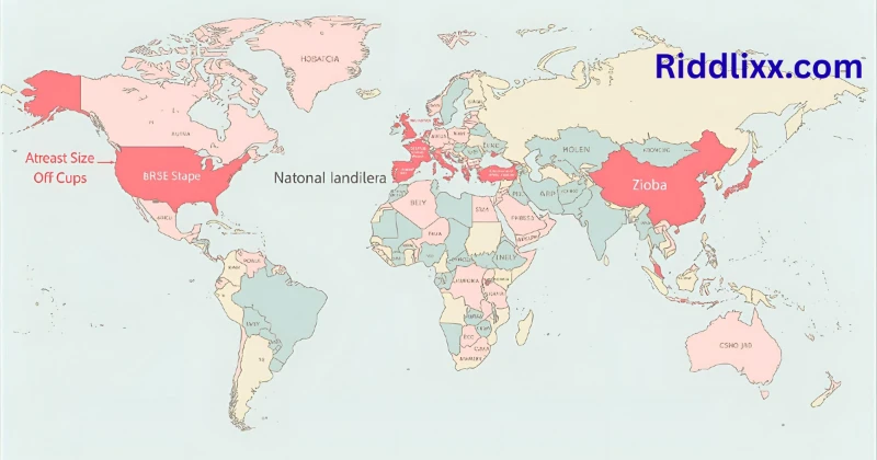 World map showing average breast size by country and cup size comparison”