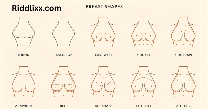 Breast shape types infographic including round, teardrop, east-west, and asymmetrical shapes”