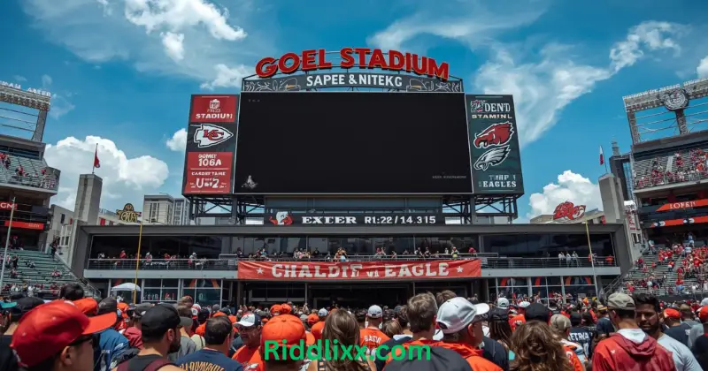 Chiefs vs Eagles game schedule and venue with fans entering the stadium.