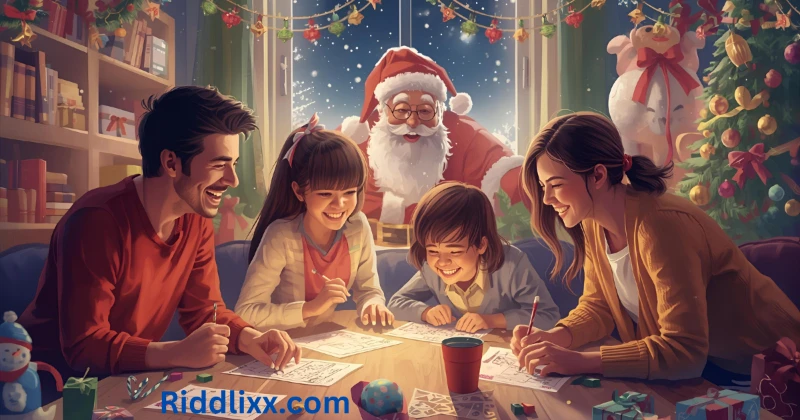 Family enjoying Christmas riddles together in a cozy decorated living room"