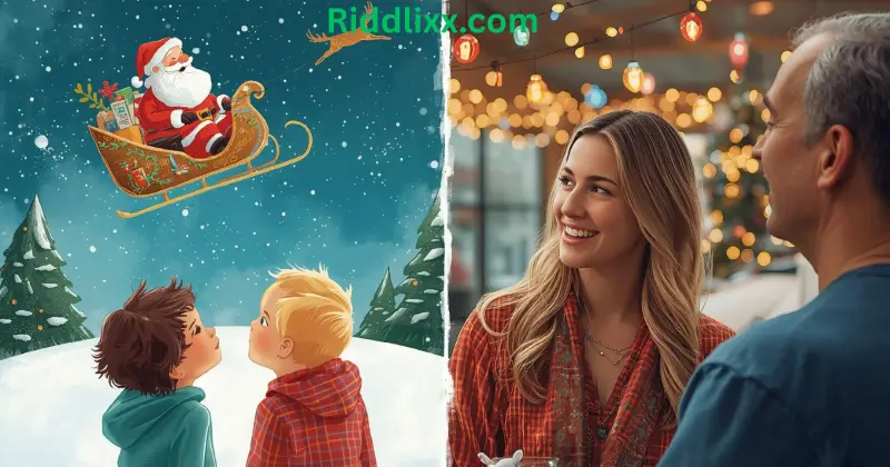 Kids imagining Santa flying while adults enjoy Christmas decorations