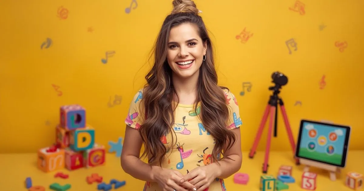 Ms. Rachel YouTube educator smiling in a colorful learning environment.