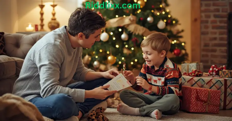 Parent explaining Santa Claus gently to child beside Christmas tree