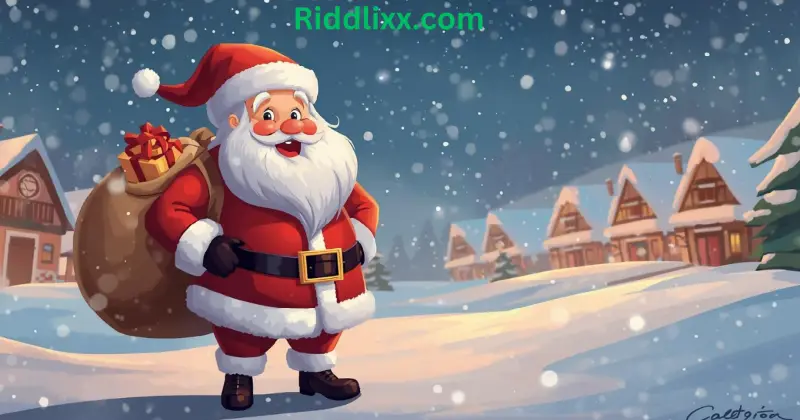 Illustration of Santa Claus holding gifts in a snowy village scene